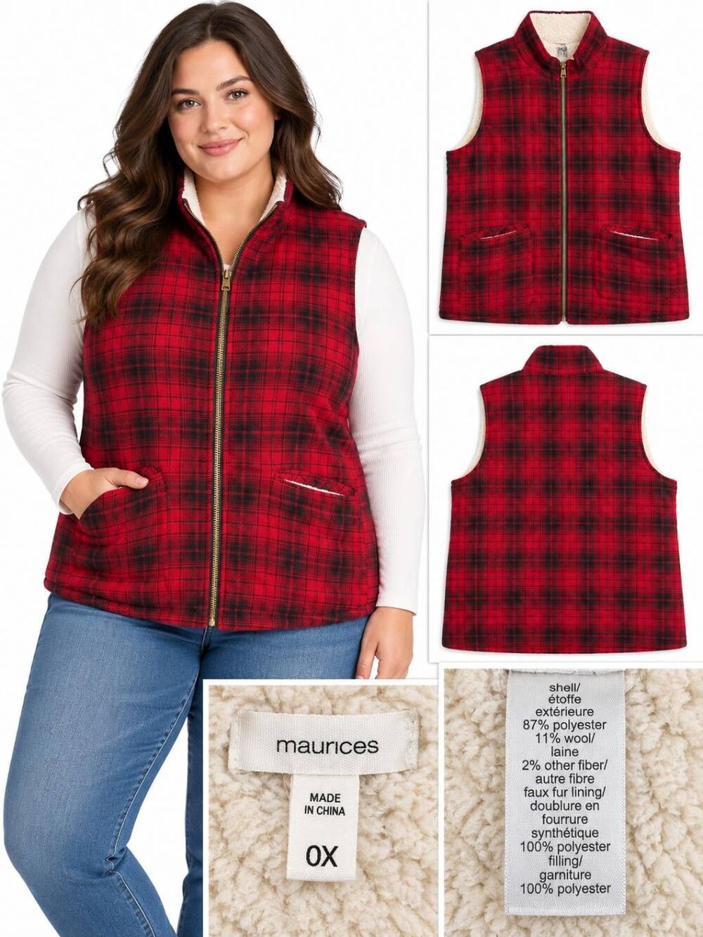 Maurices 0X Red Plaid Sherpa Lined Zip Puffer Vest